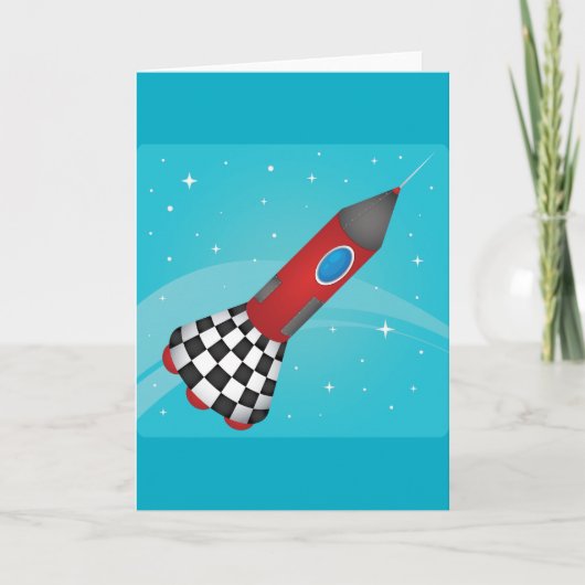 Carte Retro Red Rocket Ship in Space Galactic (Devant)