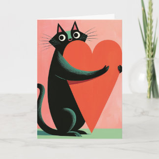 Carte Rétro Saint-Valentin Cœur de Chat Noir Milieu du S
