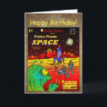 Carte Retro Sci-Fi Comic Book Birthday<br><div class="desc">A retro-style science fiction comic book cover is featured on this Birthday card. A 1950s future-retro rocket is shown on a red-orange mountainous planet. A crew of astronauts is exploring an alien world while a menacing green monster is pondering which of them will be breakfast and which will be lunch!...</div>