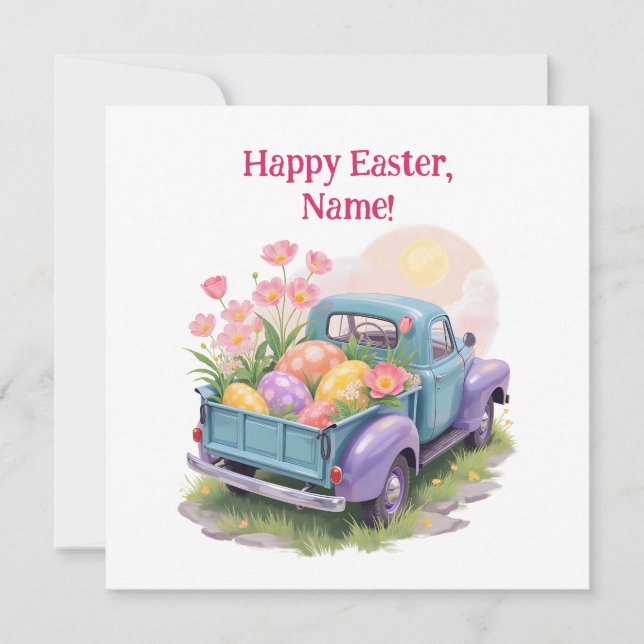Carte Retro Teal & Purple Truck with Easter Eggs (Devant)