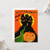 Carte Retro Vintage Happy Halloween Maison hantée (Devant/Arrière en situation)
