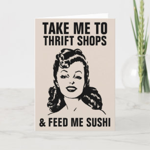Carte RETRO WOMAN THRIFT SHOPPING & SUSHI FUNNY Cards