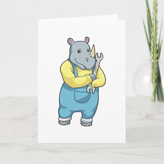 Carte Rhinocéros en mécanicien avec clé à tuyauter (Devant)