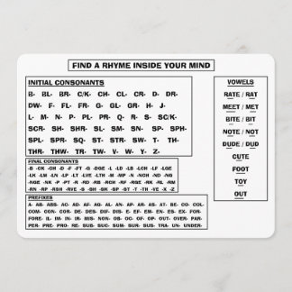 Carte Rhyme Guide On A Card For Poets And Songwriters