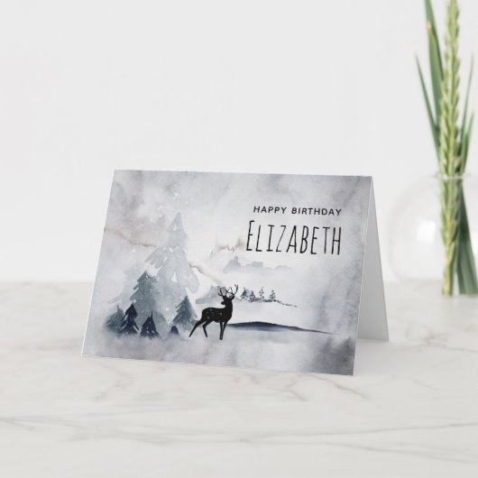 Carte Rinde d'hiver Aquarelle gris rustique Anniversaire (Devant)