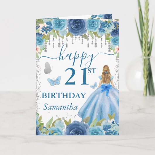 Carte Robe Bleu Clair Princesse Blonde Anniversaire (Devant)