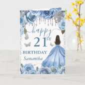 Carte Robe Bleu Clair Princesse Brune Anniversaire (Fleur jaune)