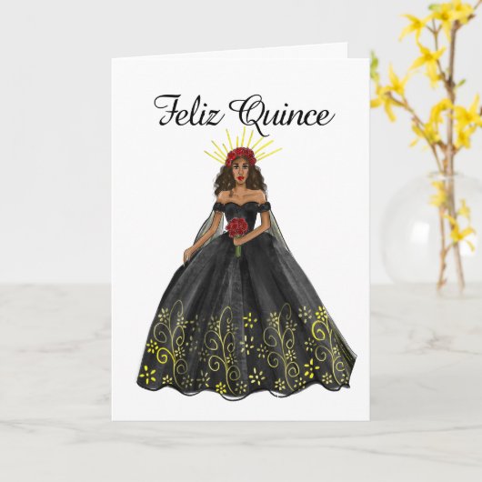Carte Robe de Quinceanera noir et or Anniversaire (Fleur jaune)
