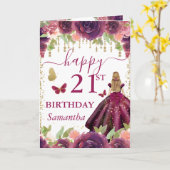 Carte Robe prune princesse blonde anniversaire (Fleur jaune)