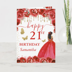 Carte Robe Rouge Princesse à Peau Noire Anniversaire