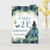 Carte Robe sarcelle Peau foncée Princesse Anniversaire (Fleur jaune)