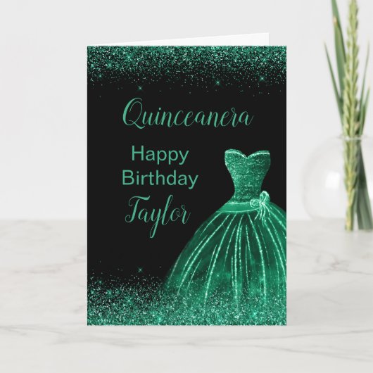 Carte Robe Vert foncé Faux Parties scintillant Quinceane (Devant)