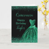 Carte Robe Vert foncé Faux Parties scintillant Quinceane (Fleur jaune)