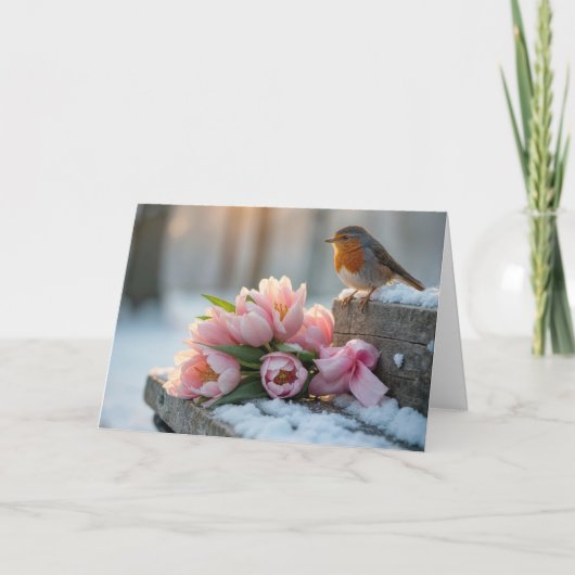 Carte Robin Ressort Avec Tulipes Roses (Devant)