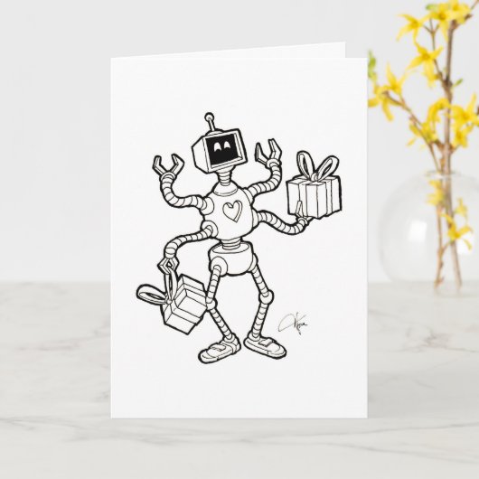 Carte Robot Greeting Card - crazy robot arms (Fleur jaune)