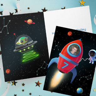 Carte Rocket Anniversaire avec photo   Astronaute Alien 