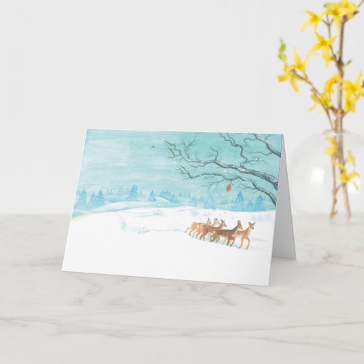Carte Roe Deer Group en hiver paysage neige salutation (Fleur jaune)