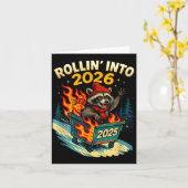 Carte Rollin Into 2026 Raccoon Funny Dumpster Fire 2025  (Fleur jaune)