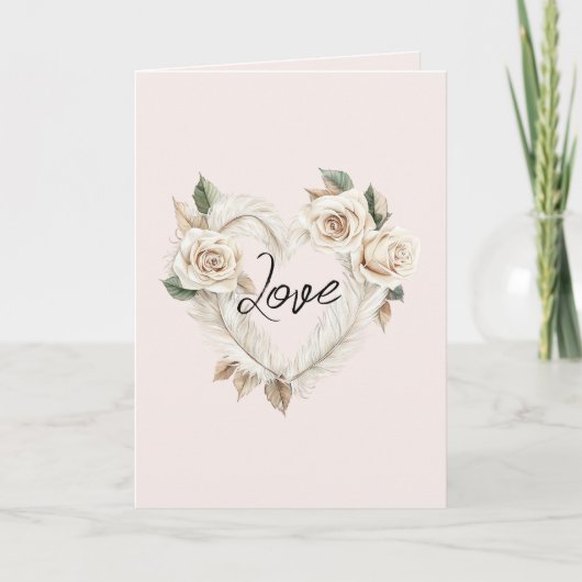 Carte Romantic Cream Blush Roses Feathers Floral Heart (Devant)