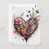 Carte romantique avec fleurs à l'aquarelle et cœur (Devant / Derrière)