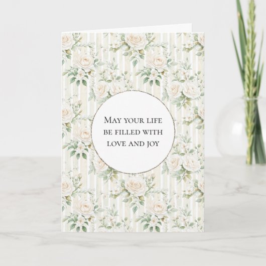 Carte Romantique Blush White Rose Floral Stripes Mariage (Devant)