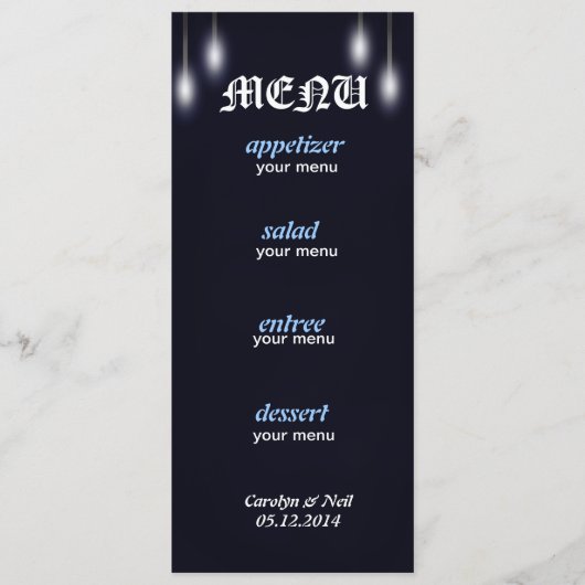Carte romantique de menu de bleu marine de (Devant)