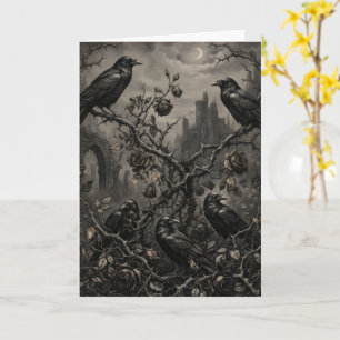 Carte Romantique Halloween Gothique Corbeaux et Roses