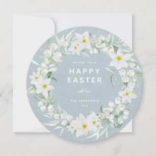 Carte ronde blanche florale Happy Pâques Plat Card