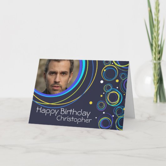 Carte ronde funky dans marine ajouter photo et nom (Devant)