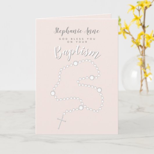 Carte Rosaire du baptême sur rose (Fleur jaune)