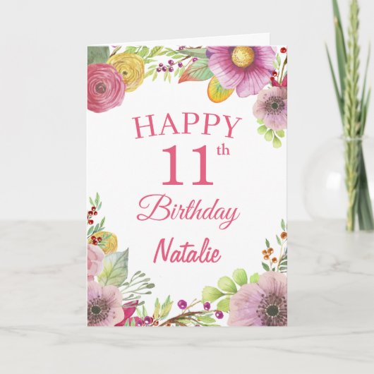 Carte rose 11e Anniversaire Fleurs florales (Devant)
