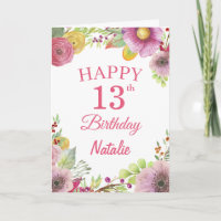 Carte rose 13e Anniversaire Fleurs florales