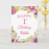 Carte rose 1er Anniversaire Fleurs florales (Fleur jaune)
