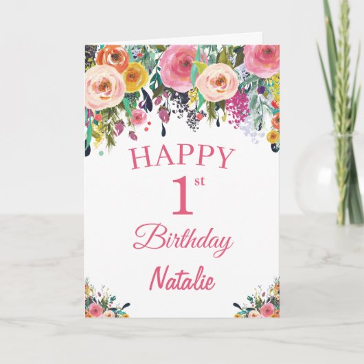 Carte rose 1er Anniversaire Fleurs florales (Devant)