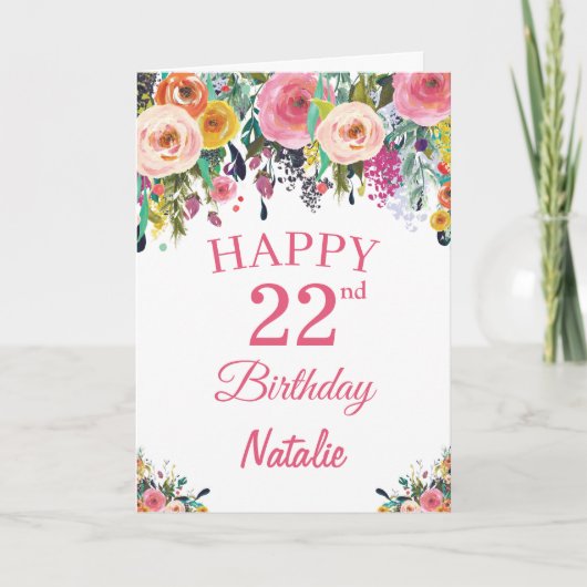Carte rose 22e Anniversaire Fleurs florales (Devant)