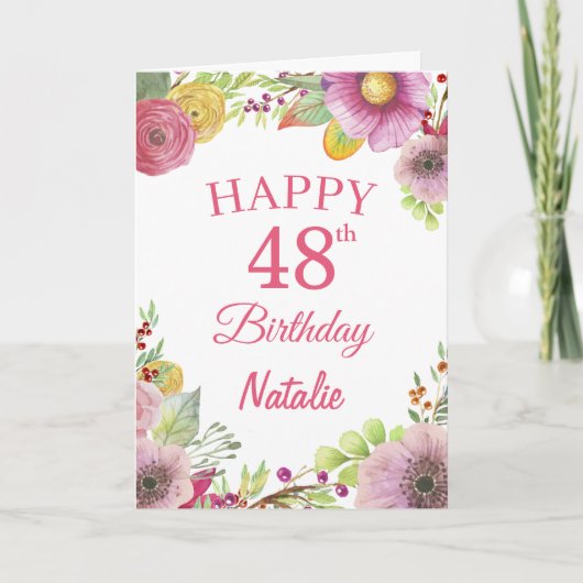 Carte rose 48e Anniversaire Fleurs florales (Devant)