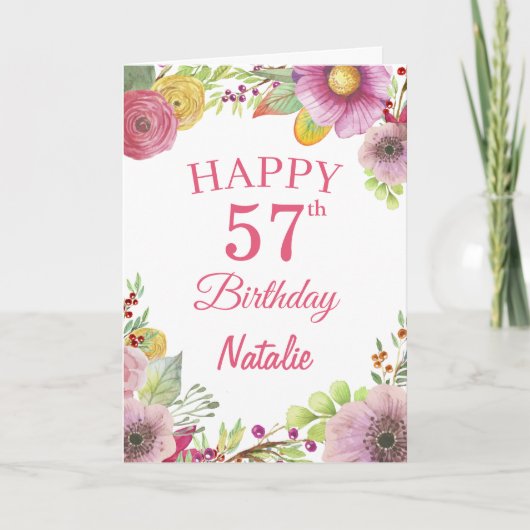 Carte rose 57e Anniversaire Fleurs florales (Devant)