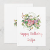 Carte Rose Aquarelle Fleur Oiseau (Devant / Derrière)