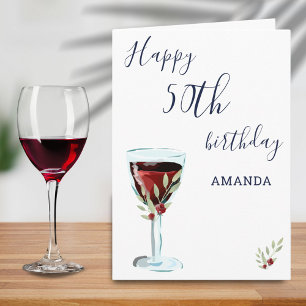 Carte Rose Aquarelle Vin Rouge Rustique 50ème Anniversai