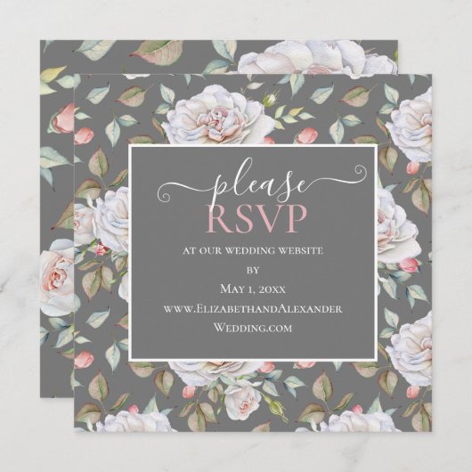Carte Rose blanche classique | Site Mariage gris RSVP (Devant / Derrière)