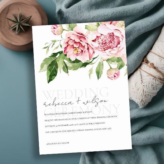 CARTE ROSE BLUSH VERT PEONY MARIAGE DE COULEUR D'EAU FLO