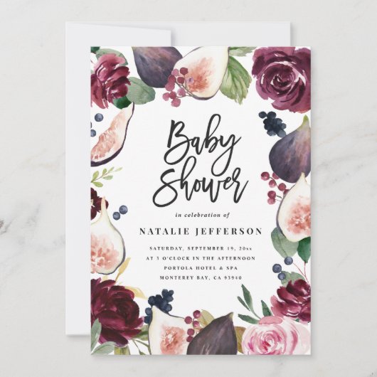 Carte Rose, bordeaux + fig aquarelle floral et script (Devant)