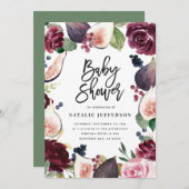 Carte Rose, bordeaux + fig aquarelle floral et script (Devant / Derrière)