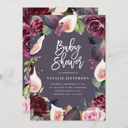 Carte Rose, bordeaux + fig aquarelle floral et script (Devant / Derrière)