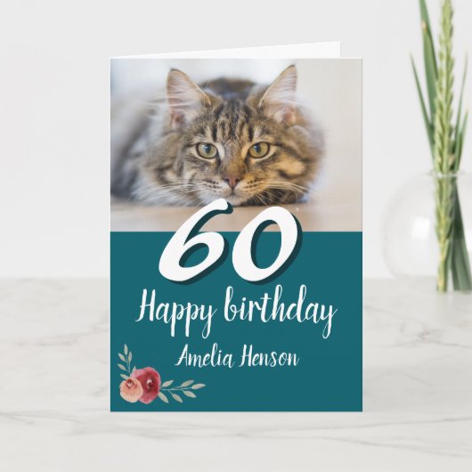 Carte Rose Chat Photo Aquarelle 60 ans (Devant)