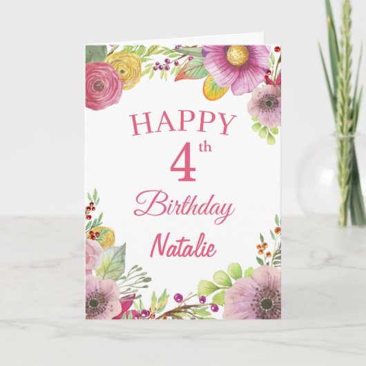 Carte rose d'aquarelle de 4e anniversaire Fleurs f (Devant)