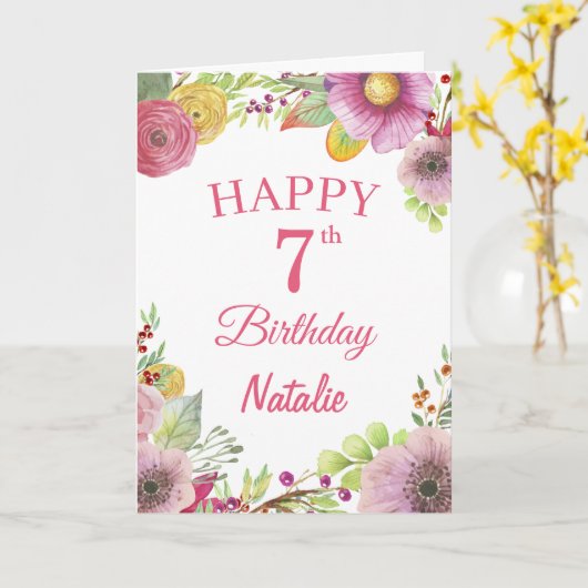 Carte rose d'aquarelle de 7e anniversaire Fleurs f (Fleur jaune)