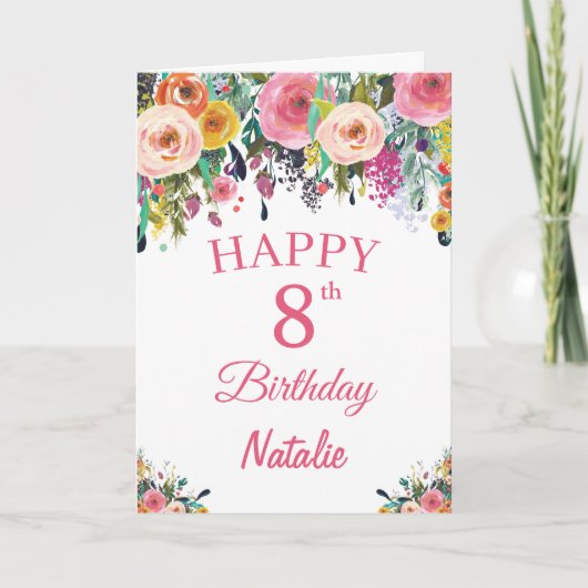Carte rose d'aquarelle florale 8e anniversaire (Devant)