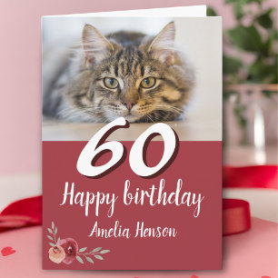 Carte Rose d'aquarelle rouge photo de chat 60e anniversa