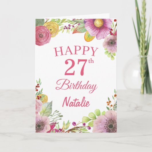 Carte rose de l'aquarelle de 27e anniversaire (Devant)